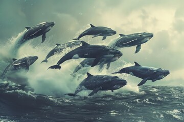 A flock of frolicking whales jumps out of the water