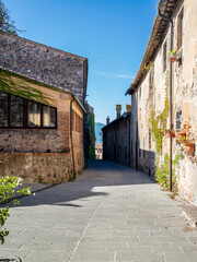 The colorful medieval houses and alleys of a Tuscan village