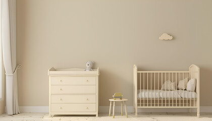 Interior of light children's bedroom with drawers, crib and table