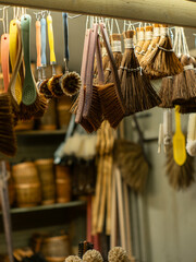 A traditional brush gift stall at a Christmas market in Helsinki in Finland