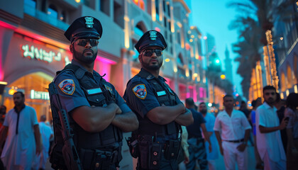 Two strong security guards guard the entrance to the casino on the streets of the city