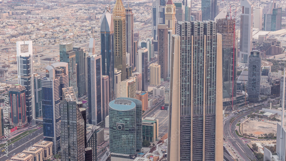 Poster Downtown of Dubai in the morning timelapse after sunrise. Aerial view with towers and skyscrapers