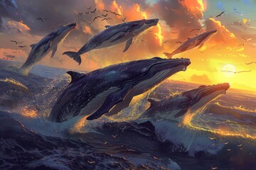 A flock of frolicking whales jumps out of the water