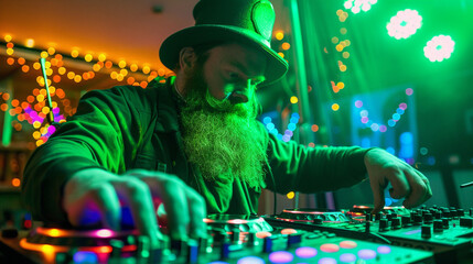St Patrick'S Day Dj Party Concept. Beard Irish Man Wearing Leprechaun Costume And Working On Music...
