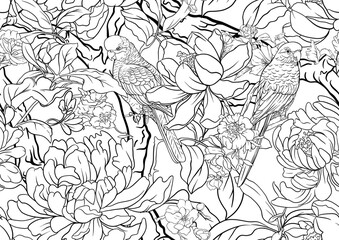Blossom trees with sparrow and parrots Seamless pattern, background. Outline Vector illustration. In Chinoiserie, botanical style