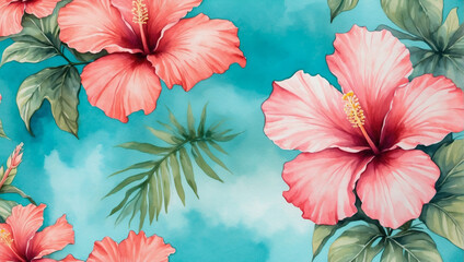 Tropical hibiscus flowers against a watercolor wash of coral pink and turquoise blue, transporting you to paradise.