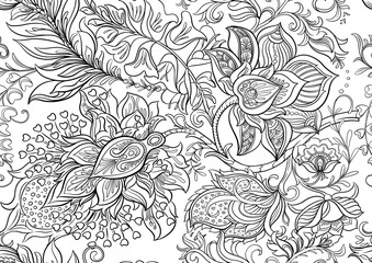 Fantasy flowers in retro, vintage, jacobean embroidery style. Seamless pattern, background. Outline Vector illustration. - 781528761