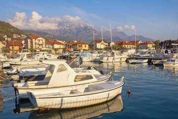 Fototapeta na wymiar Fishing boats in harbor. Beautiful Mediterranean landscape. Montenegro, Tivat city. View of Marina Kalimanj on sunny spring day