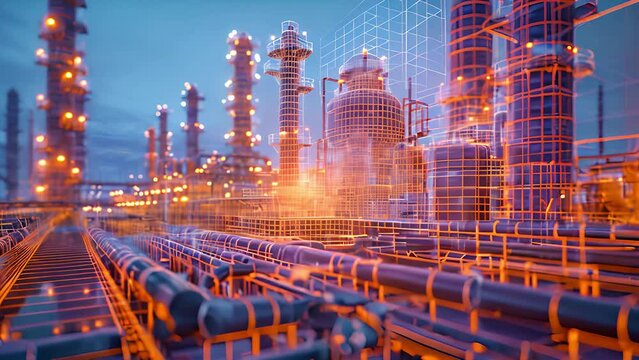 Virtual abstract industrial factory with holographic wireframe mesh and glowing objects