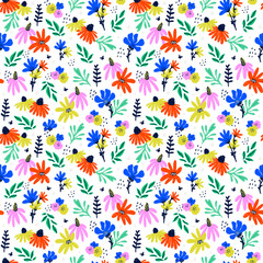 Floral hand-drawn seamless pattern. Bold, colorful flowers. Vector illustration of abstract flowers isolated on a white background