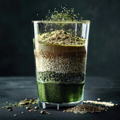 layers glucomannan, piperine, chlorella, carnitine, linseed, hemp seeds in one glass On a dark background , realistic photograph