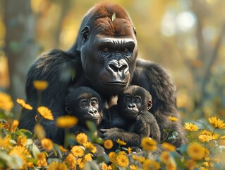 Gorilla family, eye level, gentle interaction, forest home, intimate primate behavior - obrazy, fototapety, plakaty