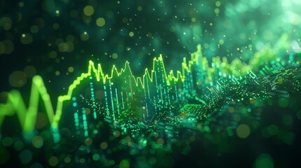 Market analysis graph, eye level, prominent green arrow, rising figures, symbolizing stock price surge