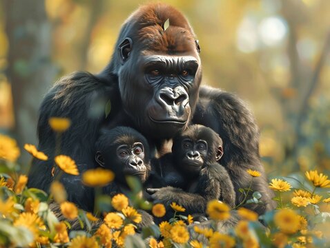 Gorilla family, eye level, gentle interaction, forest home, intimate primate behavior