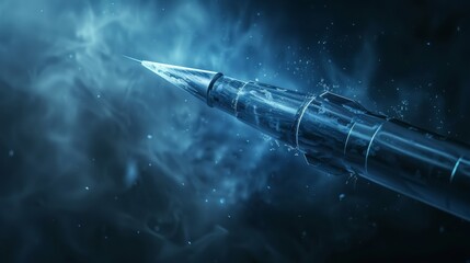 Rising graph with bullet arrow, piercing through technical blue backdrop, aggressive growth visualization - obrazy, fototapety, plakaty