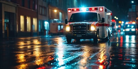 Ambulance Races Through Wet Night Street. A brightly lit ambulance with flashing red and blue...