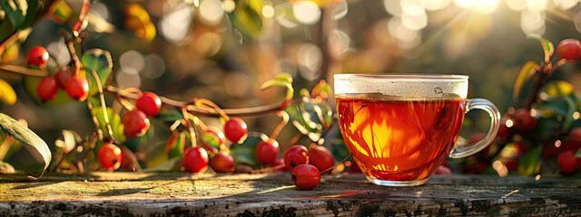 cups of rosehip tea on the background of nature - obrazy, fototapety, plakaty