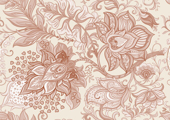 Fantasy flowers in retro, vintage, jacobean embroidery style. Seamless pattern, background. Vector illustration. - 781529336