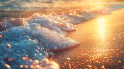 Bokeh and glitter on ocean waves at sunset, eye level, golden hour lighting, tranquil scene
