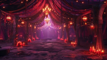 Enchanted tent interior, eye level, deep purple hues, luminescent fairies dancing, D and D inspired, atmosphere of mystery