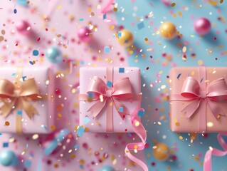 Festive banner, eye level, pastel tone fireworks, colorful confetti, flat design gift, cheerful celebration theme