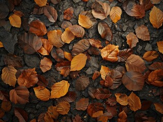 Forest floor, top view, autumn leaves, rich earth tones, natural mosaic texture - obrazy, fototapety, plakaty
