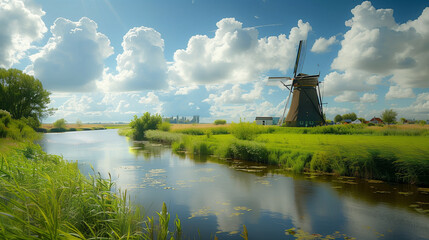 dutch windmill in the country - obrazy, fototapety, plakaty