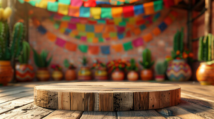 Obraz na płótnie Canvas empty wooden podium on colorful Mexican Cinco de Mayo festival theme background for product presentation