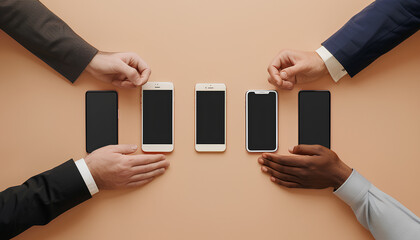 Collage with modern smartphones and businessmen shaking hands on beige background