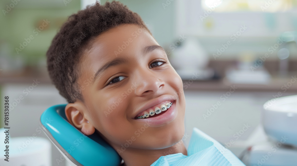 Wall mural a photo portrait of smiling teenager boy in dental braces, sitting in dentist’s chair, orthodontist 