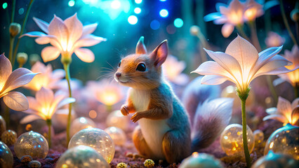 Fototapeta premium A cute squirrel, in the glowing flower garden, a fantasy land.