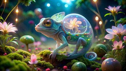 A cute chameleon, In the glowing flower garden, a fantasy land.