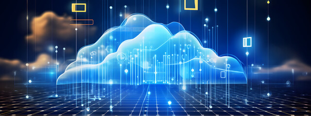 cloud computing technology concept transfer database to cloud. There is a prominent large cloud icon in the center and a small white icon on the connected polygons with a dark blue background. - obrazy, fototapety, plakaty