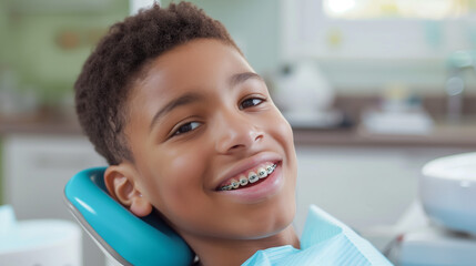 A photo portrait of smiling teenager boy in dental braces, sitting in dentist’s chair, orthodontist visit, beautiful teeth in brace system, young man on dentist appointment