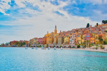 Menton in France in summer with clear blue sky - obrazy, fototapety, plakaty