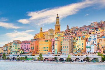 Menton in France in summer with clear blue sky - obrazy, fototapety, plakaty
