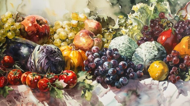 watercolor painting featuring an assortment of fresh fruits and vegetables, their rich colors and detailed textures