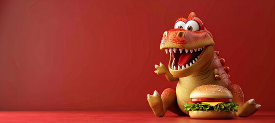 Dinosaur eating burger, red background	