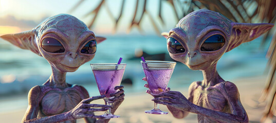 Purple aliens drink purple cocktails on the tropical beach background