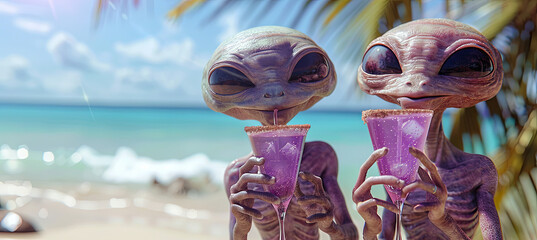 Purple aliens drink purple cocktails on the tropical beach background