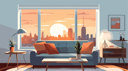 Light living room in modern apartment with cityscap