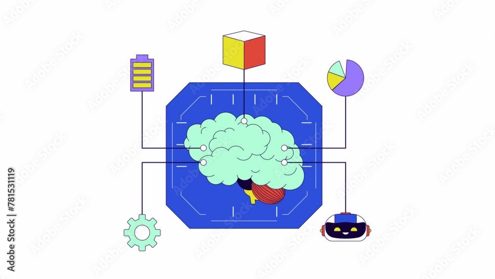 Poster machine learning brain line 2d animation. data analytics software. cognitive computing platform 4k v