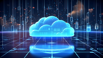 cloud computing technology concept transfer database to cloud. There is a prominent large cloud icon in the center and a small white icon on the connected polygons with a dark blue background.