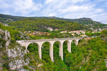 Eze village near Nice in France. Drone shot, aerial view of the bridge near Eze village.