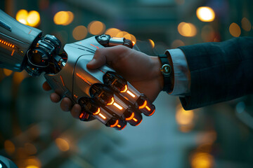 handshake of two robots, close-up. shaking hands with two digital partners. - obrazy, fototapety, plakaty