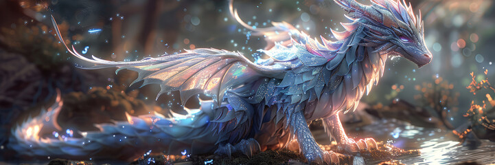 Obraz premium Majestic dragon with iridescent scales beside a forest stream, a scene from a mythical narrative.