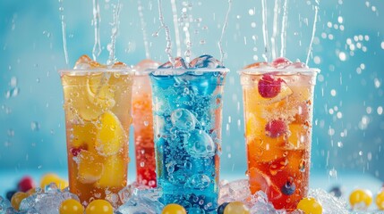 Fizz bubble refreshing carbonated soda drink. Spring or summer cold cocktail, water and splashes on colorful background. Generative ai - obrazy, fototapety, plakaty