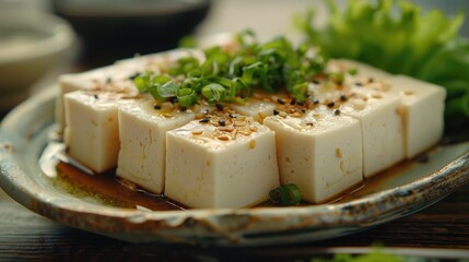 Naklejka premium Simplicity and Purity of Kyotos Fresh Tofu Cuisine A Taste of Soybean Curds Natural Delight