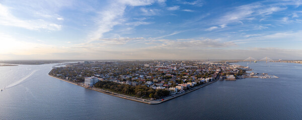 Charleston, South Carolina Aerial Skyline Panorama at Sunset from the Battery.