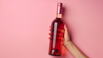Female hand holding bottle of red wine on pink background